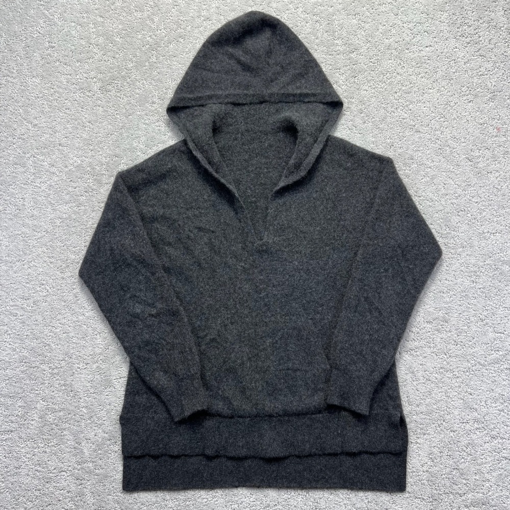 InCashmere Hooded Sweater Womens Medium Black Gray 100% Cashmere V-Neck Soft